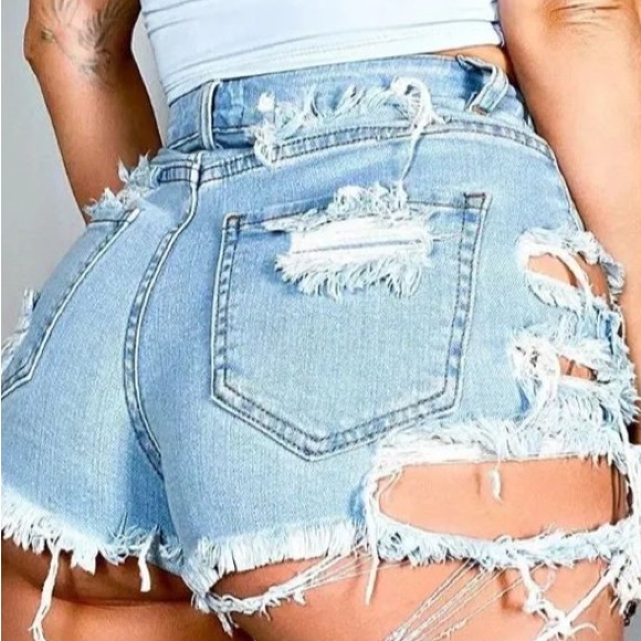 Fashion Nova Blue High Waisted Jean Shorts with Distressing - Picture 2 of 2